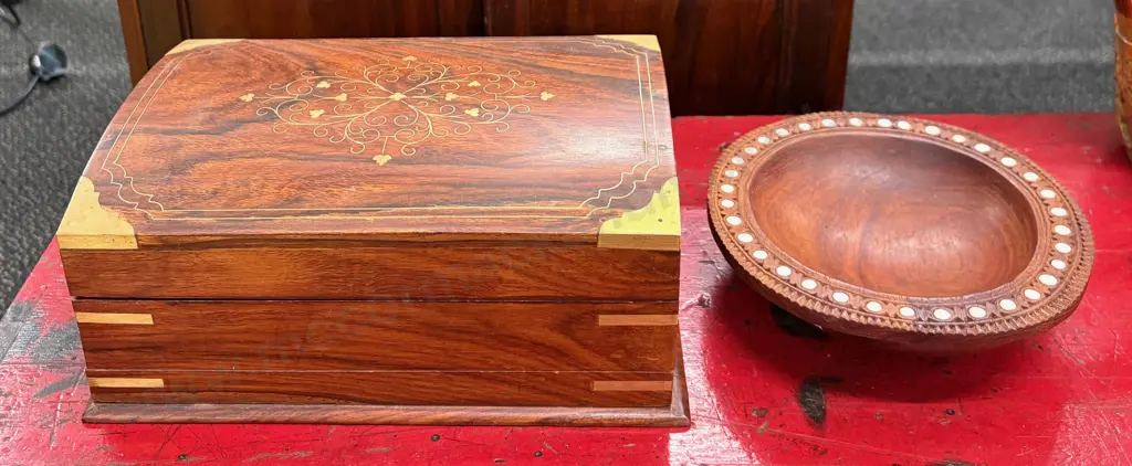 Teak and Brass Inlaid Jewellery Box and Small Wooden Bowl with Mother of Pearl Inlay Image 1++