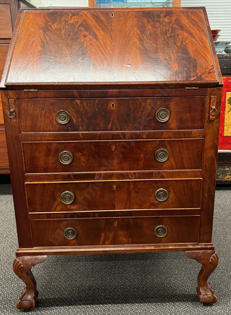 Mahogany Four Drawer Writing Bureau on Ball and Claw Feet W64xH99xD46cm Image 1++