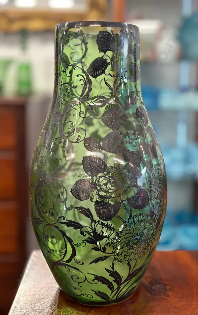 Green Glass Vase with Silver Leaf Overlay H32cm Image 1++