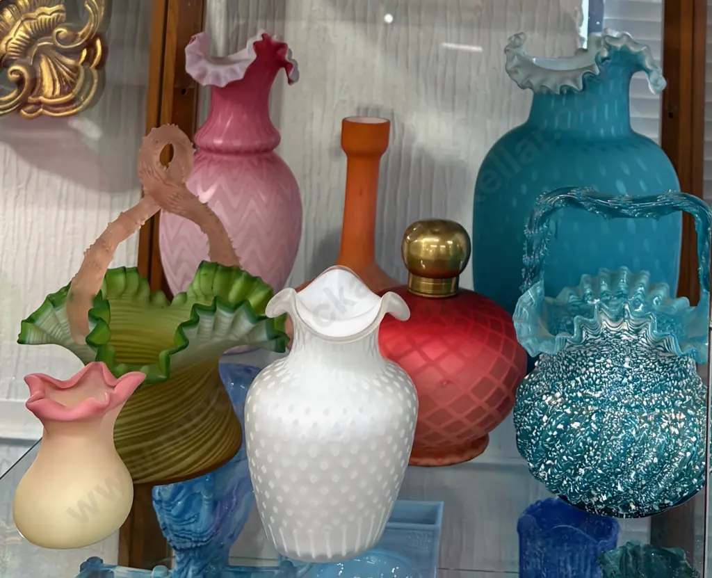 Selection of Victorian Glass, Scallop Edged Vases, Perfume Bottles, Baskets, etc Image 1++