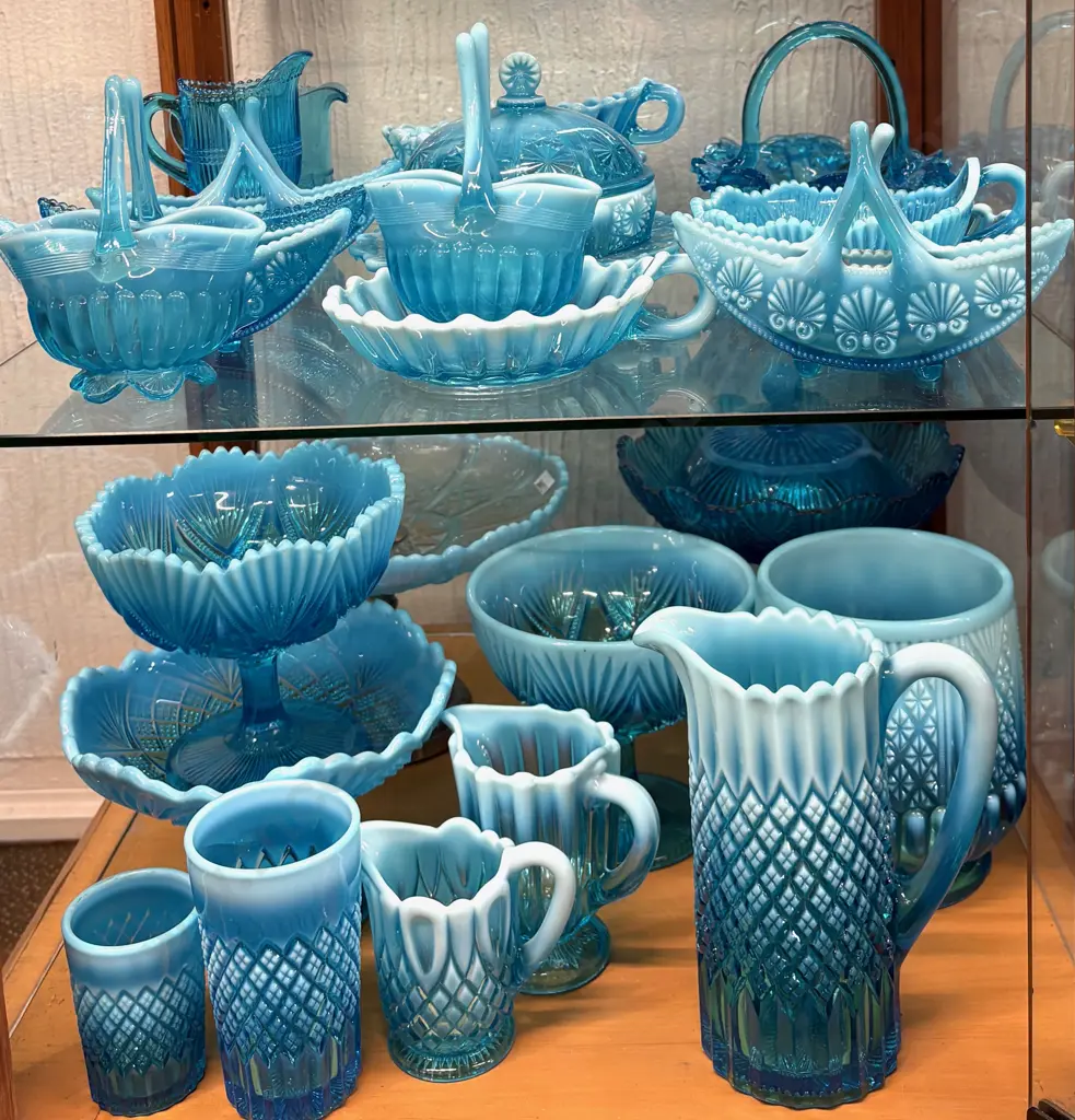 Collection of Blue Opalescent Depression Glass, Bowls, Jugs, Baskets, Vases, etc Image 1++