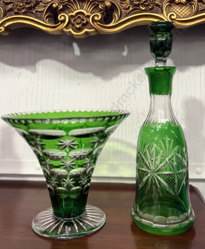 Bohemian Green Glass Decanter and Vase Image 1++