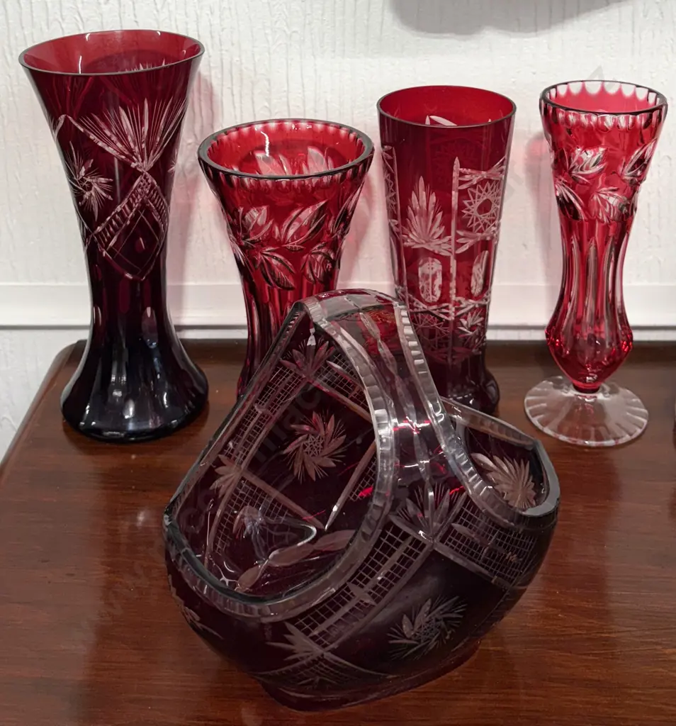Five Pieces of Bohemian Ruby Glass, Vases and Flower Trough Image 1++