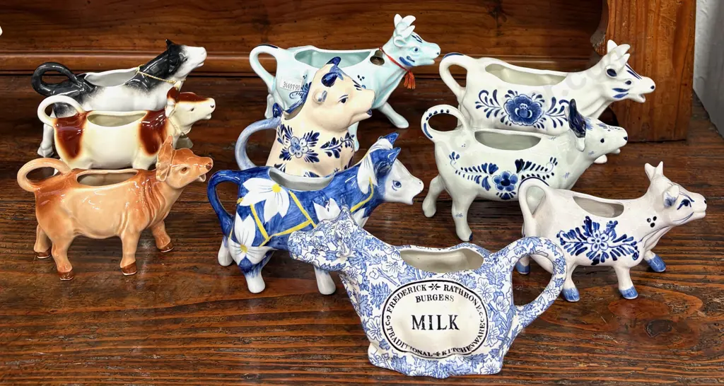Collection of Porcelain Cow Creamers, Staffordshire, Delft, etc Image 1++