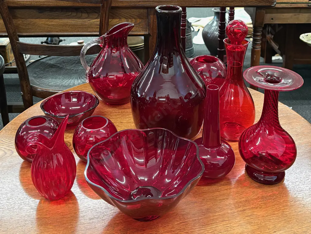 Large Quantity of Ruby Glass Bowls, Dishes, Jugs, etc Image 1++
