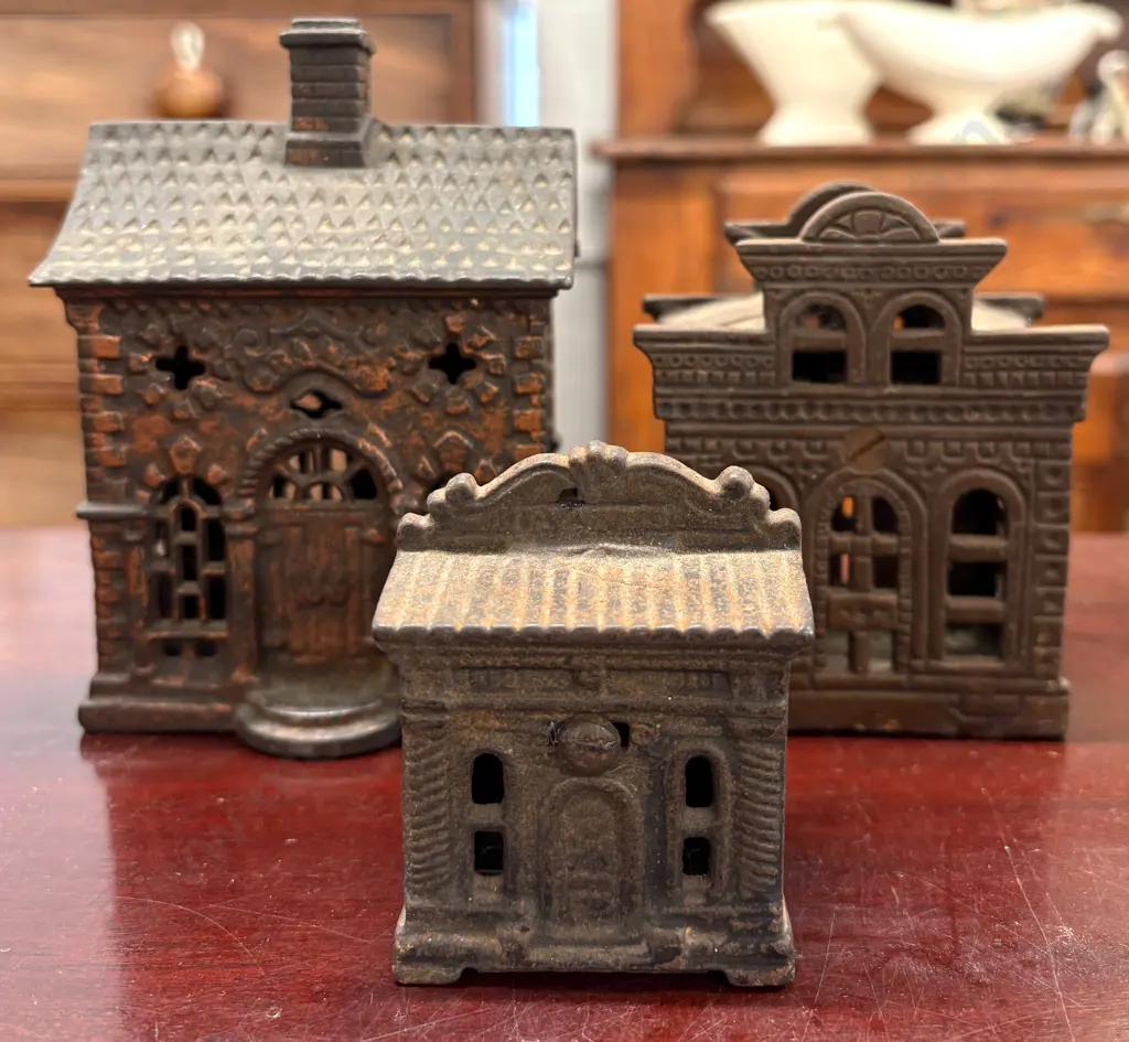 Three Cast Iron City Bank Money Boxes, H14cm, 10cm & 6cm Image 1++
