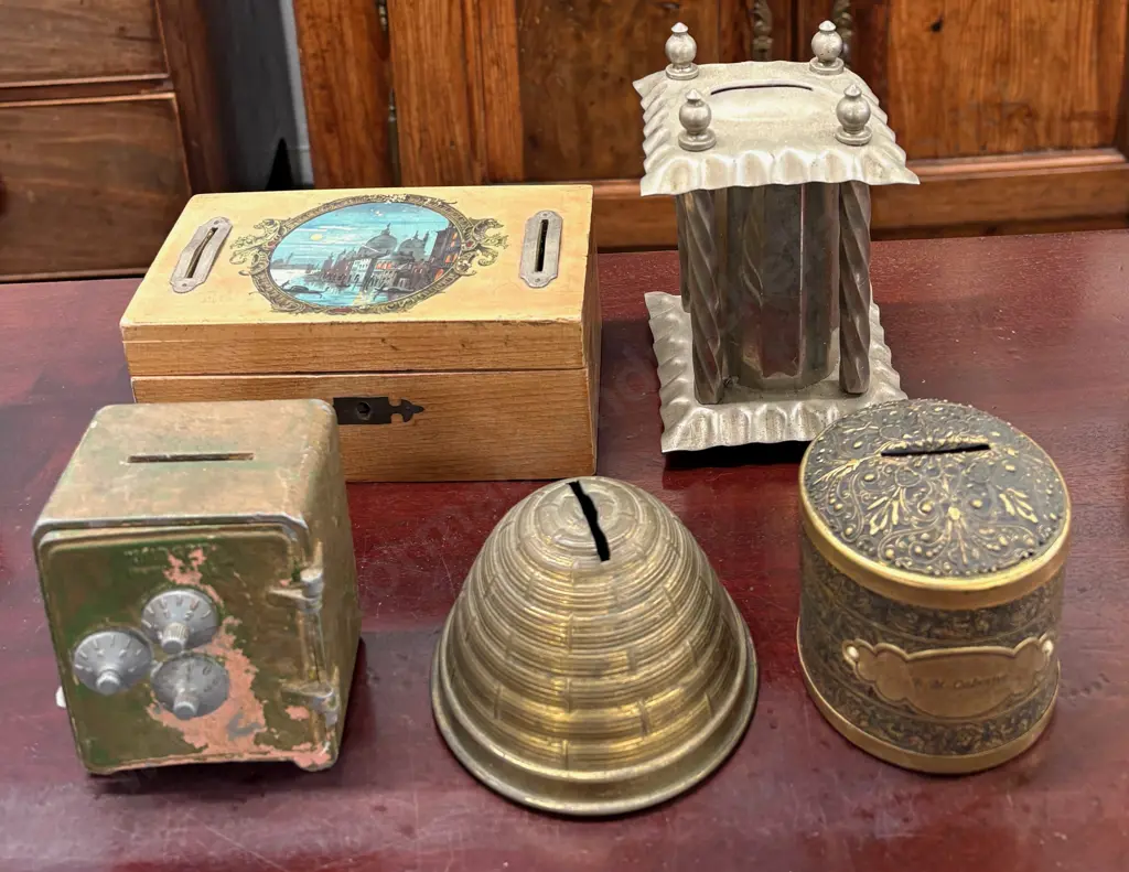 Assorted Metal and Wooden Early Money Boxes Image 1++