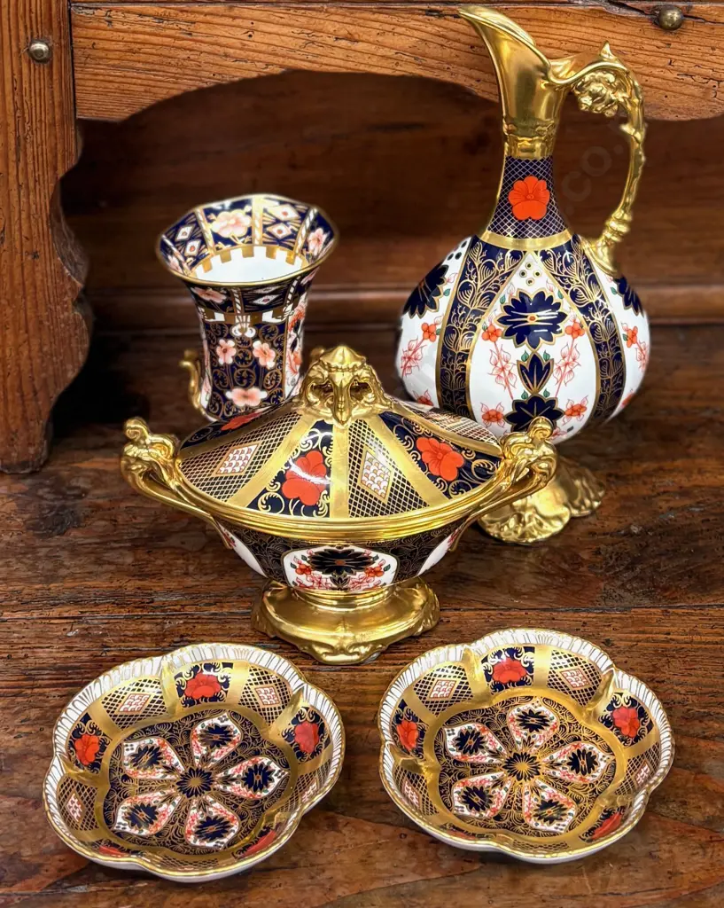 Royal Crown Derby Imari Pattern Ewer, Lidded Two Handled Urn, Trophy Vase and Two Dishes Image 1++