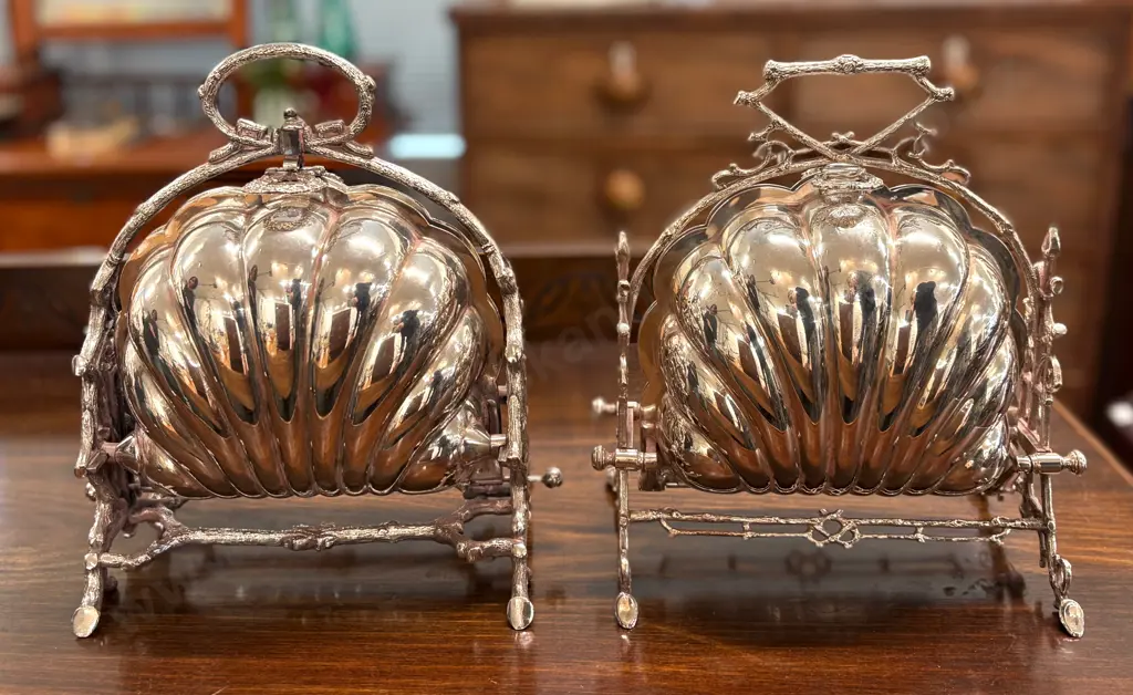 Pair of Silver Clam Shaped Biscuit Boxes Image 1++