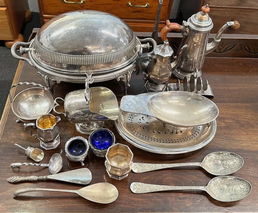 Box of Silver Plate, Dishes, Serving Spoons, Coffee Pots, Mustard Pots etc Image 1++