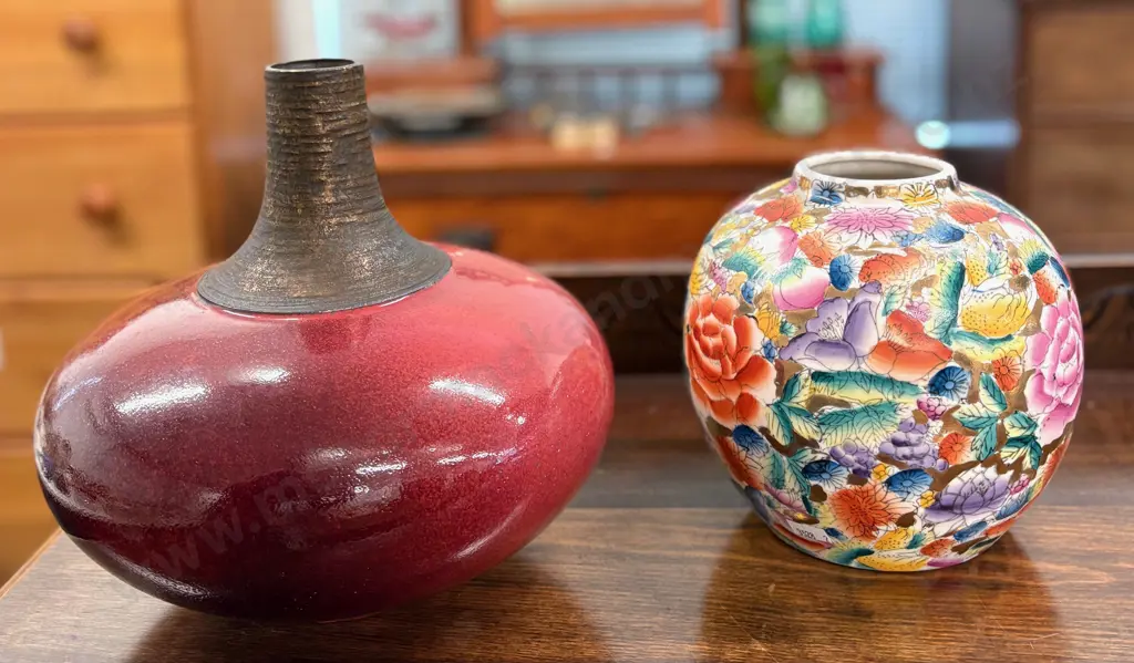 Hans Bauer Anathoth Pottery Vase & Chinese Hand Painted Vase H19-25cm Image 1++