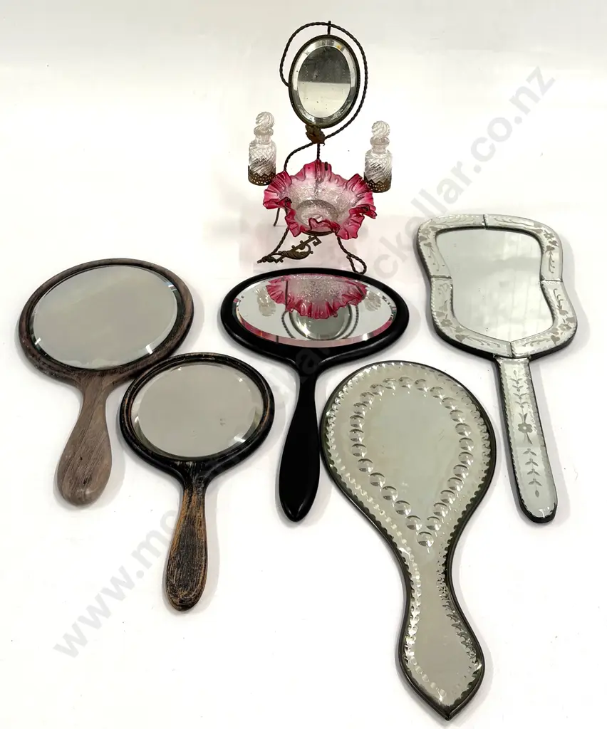 Ruffled Ruby Glass and Perfume Bottle Dressing Table Set with Mirror, Venetian Glass Framed Hand Mirror and Image 1++