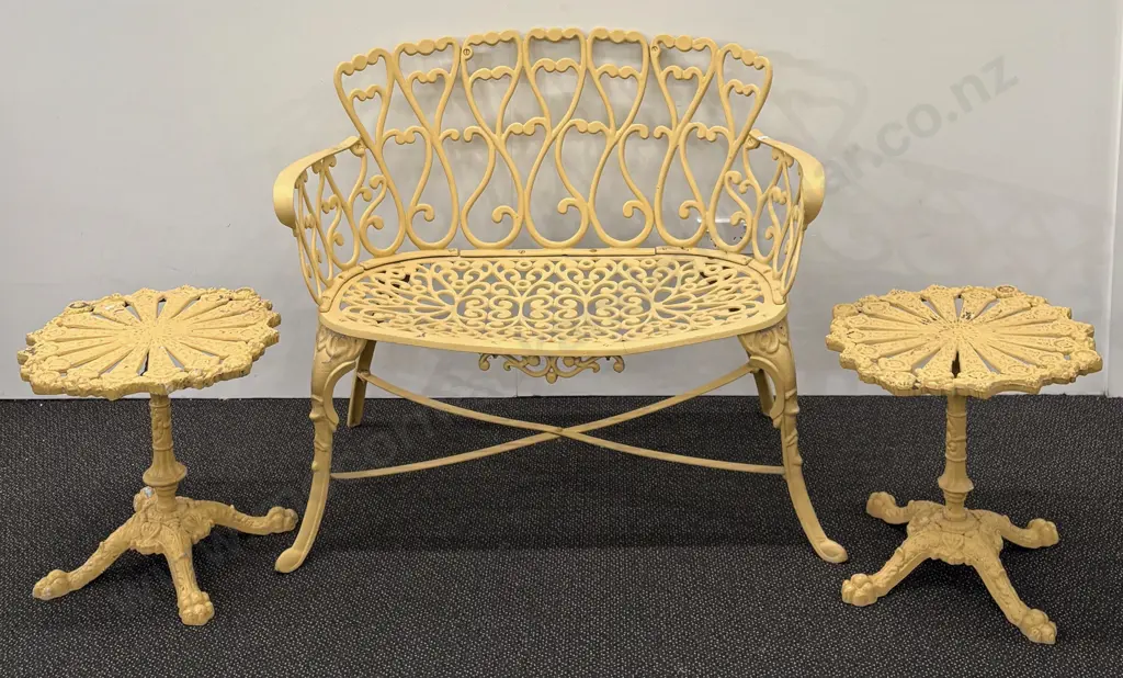 Outdoor Cast Aluminium Garden Bench L92cm and Two Side Tables Image 1++