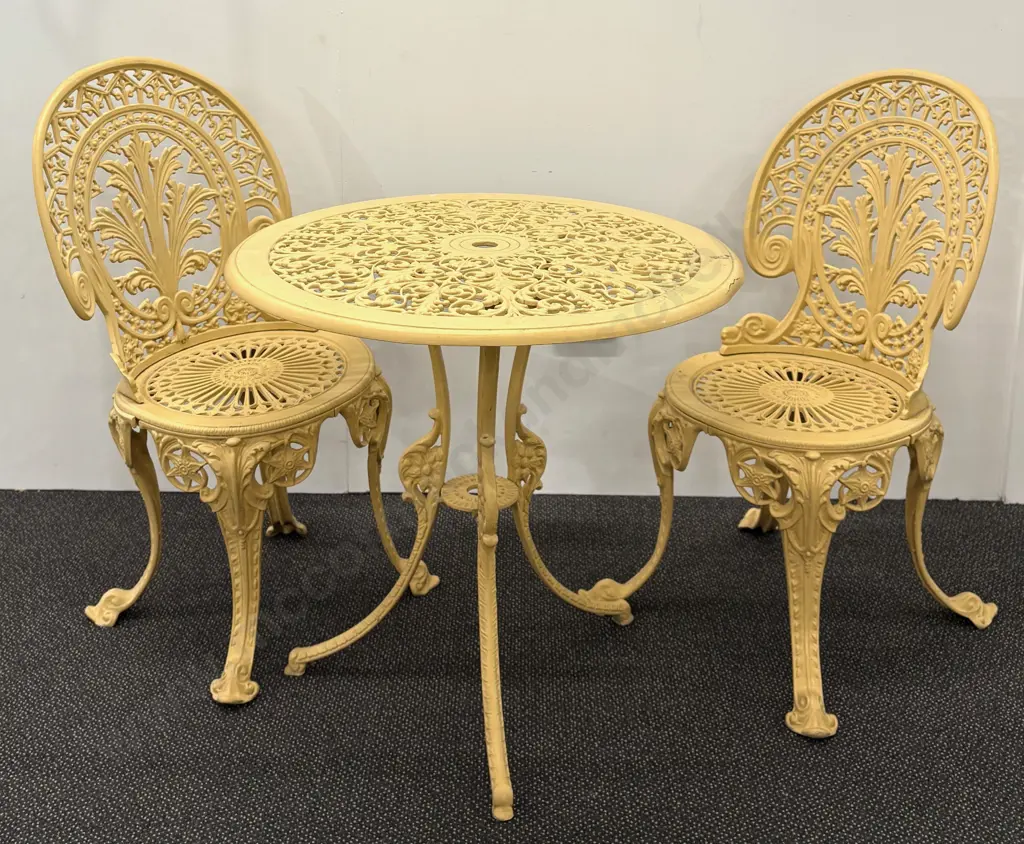 Outdoor Cast Aluminium Cafe Table, Dia68cm, H64cm and Two Matching Chairs Image 1++