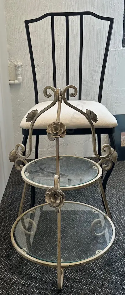 Metal Floral Motif Two Tier Stand and Occasional Chair Image 1++