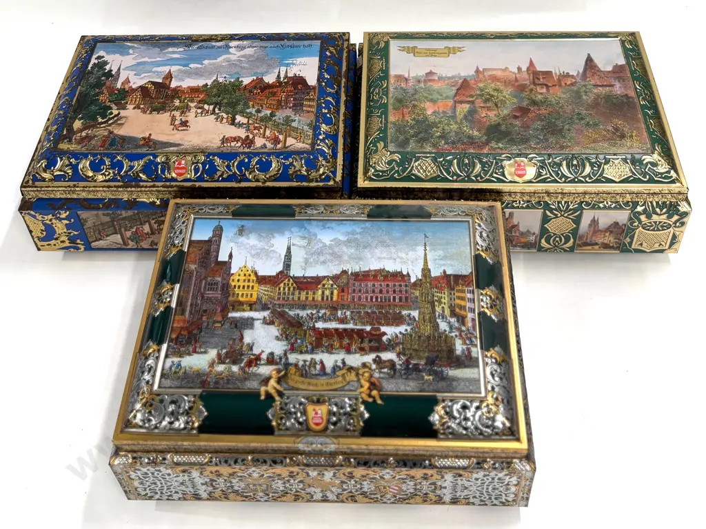 Three Large Embossed and Lithographed City Scene Tins with Sewing Accessories  Image 1++
