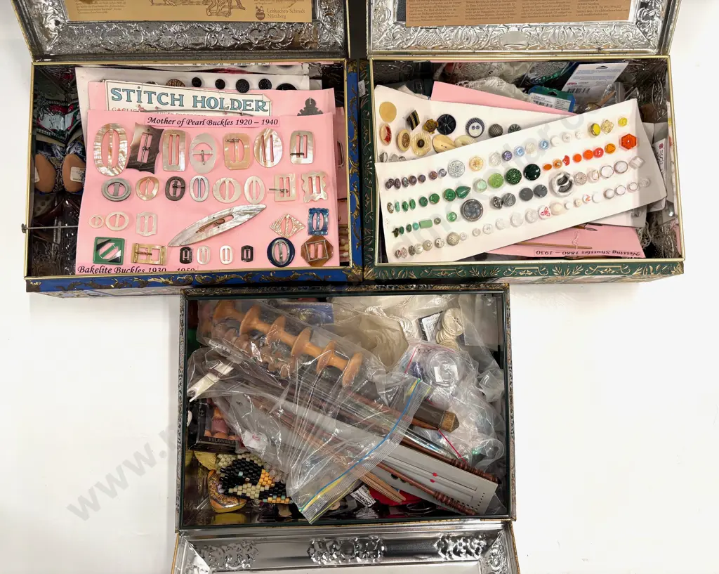Three Large Embossed and Lithographed City Scene Tins with Sewing Accessories  Image 1++