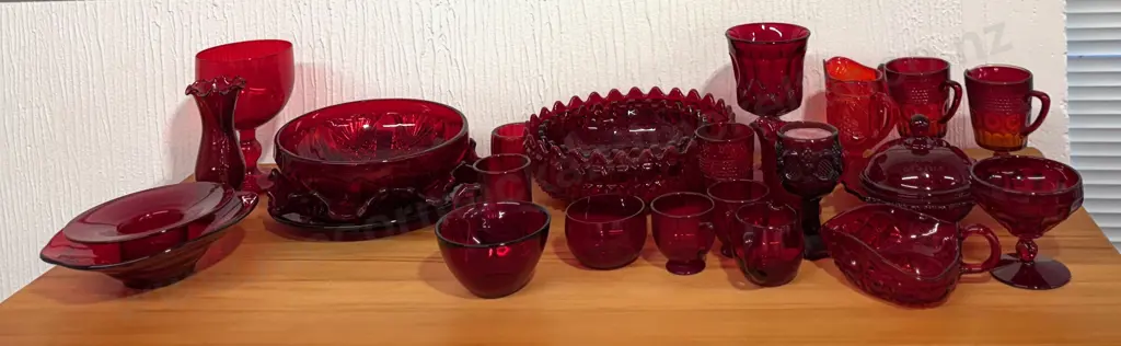 Large Quantity of Red Glass Bowls, Dishes, Cups, etc Image 1++
