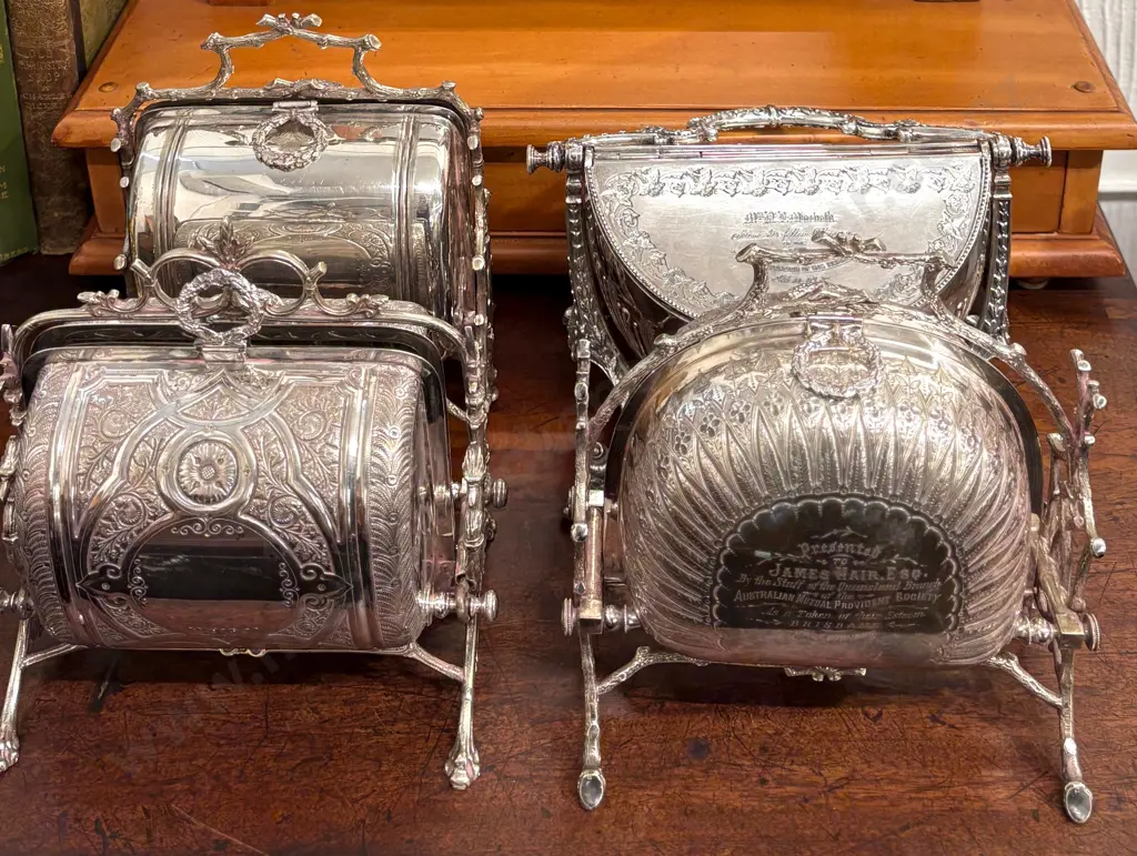 Four Ornate Silver Biscuit Boxes Image 1++