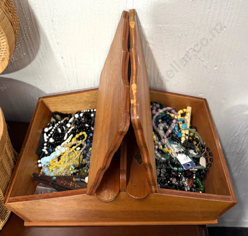 Glass and Semi Precious Beads, Fan etc in Double Sided Wooden Box Image 1++
