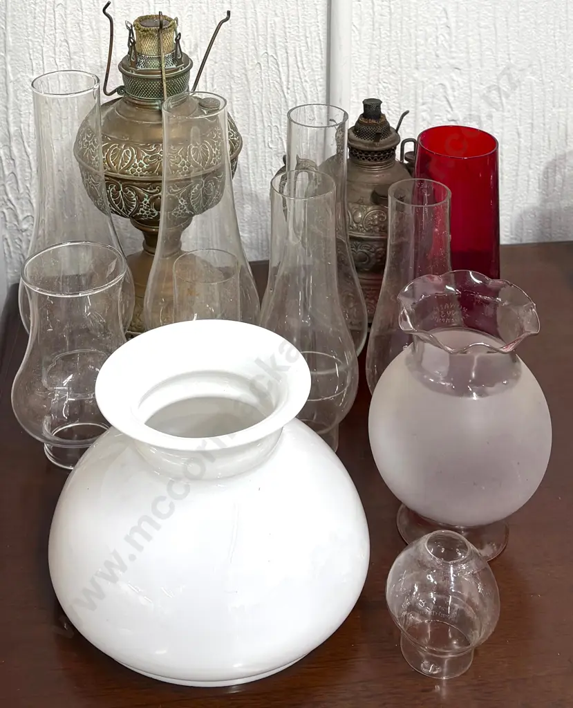 Two Brass Kerosene Lamps and Assorted Glass Funnels and Lampshades Image 1++