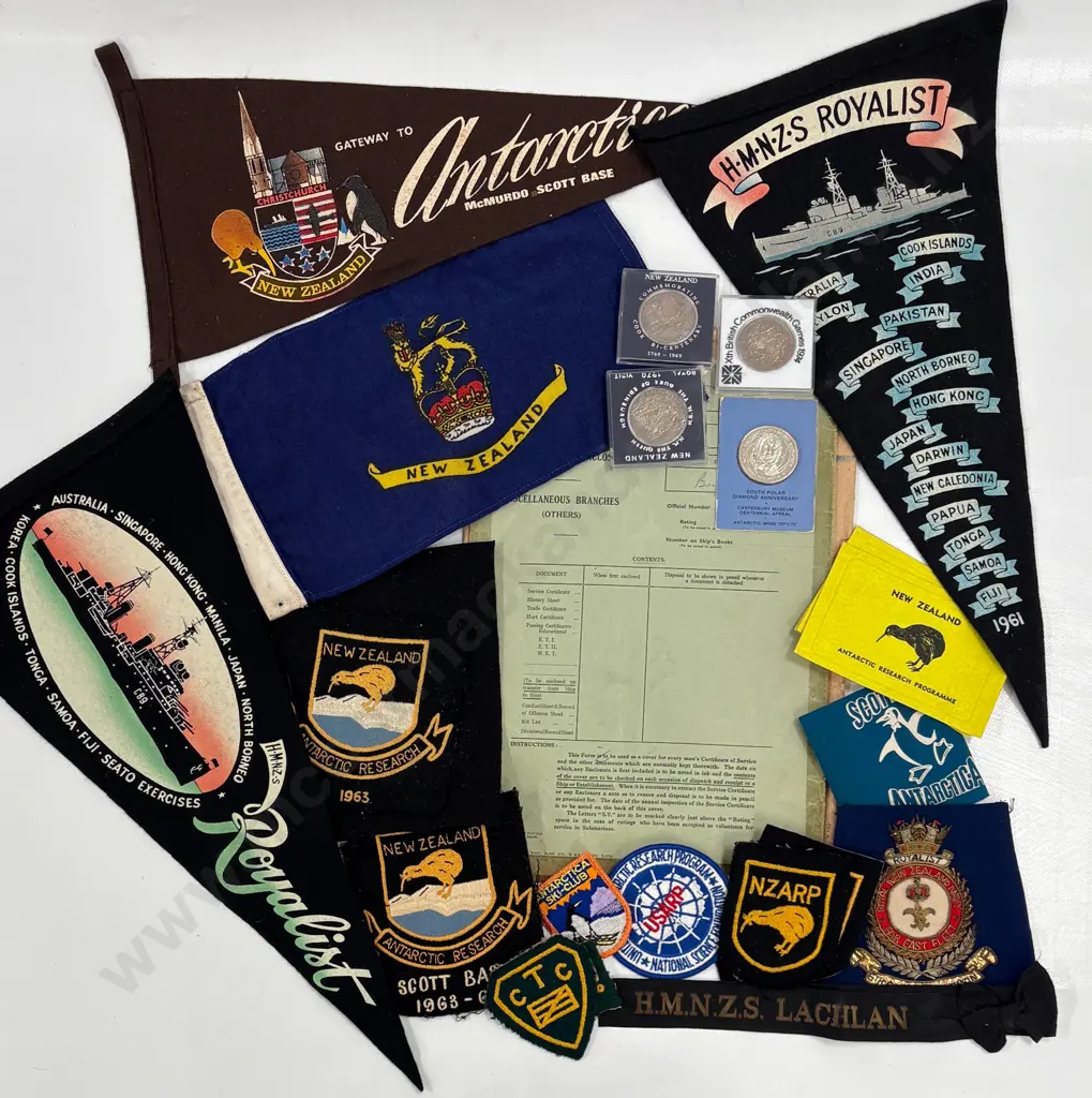 Silver Coins (4) assorted flags, Antarctica/NZARP Patches, RNZN Hong Kong 1960's Embroidered Patch Image 1++