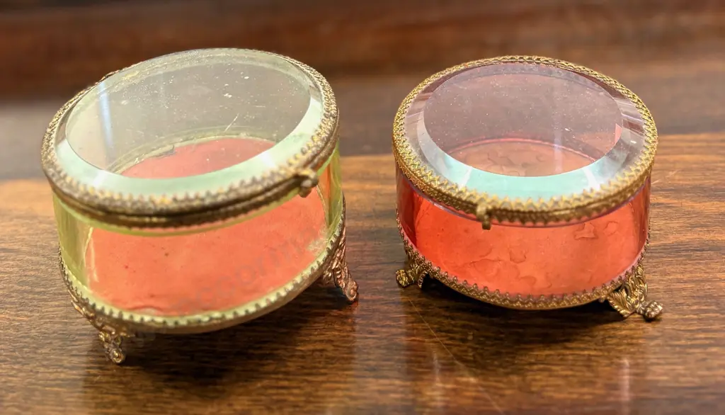 Two Round French Style Ormolu Mounted Bevelled Glass Panel Jewellery Caskets Image 1++