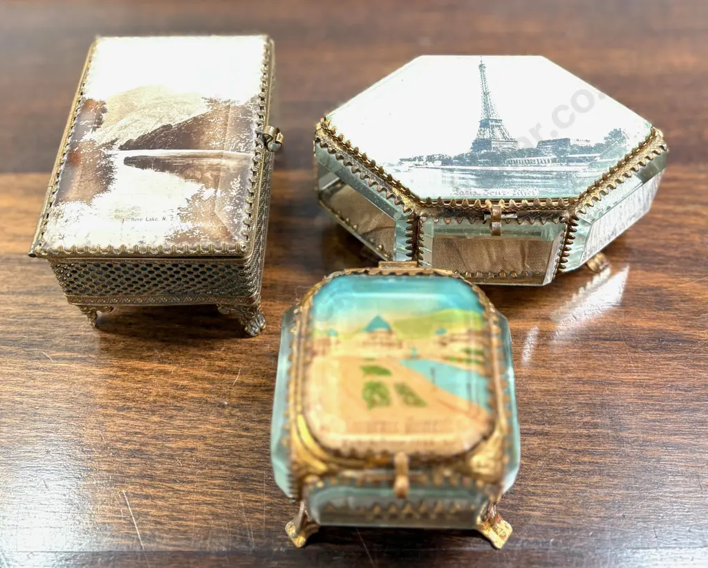 Three French Style Ormolu Mounted Bevelled Glass Panel Jewellery Caskets with Scenic Lids  Image 1++