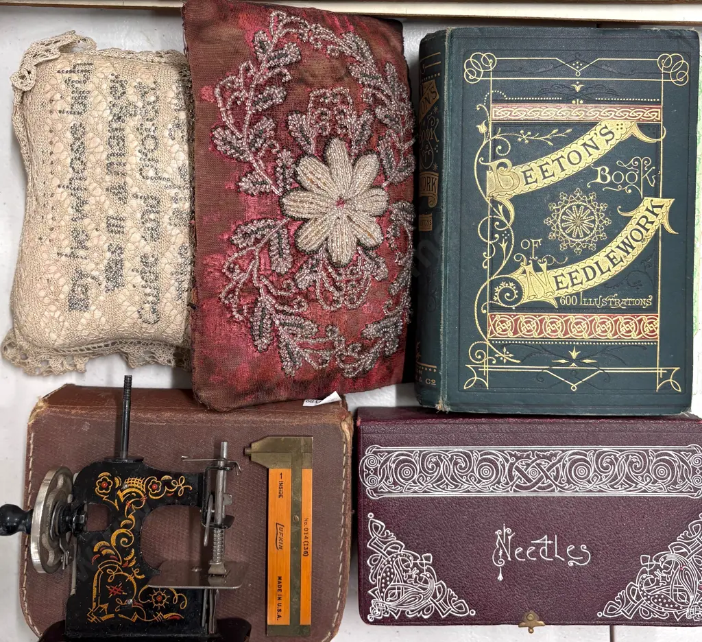 Beetons Needlework Book, Miniature German Sewing Machine, Sewing Box and Two Pin Cushions Image 1++