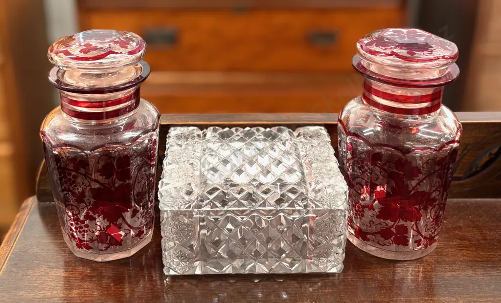 Bohemian Ruby Red Vine Leaf Pattern Preserve Jars (2) and Cut Glass Box Image 1++