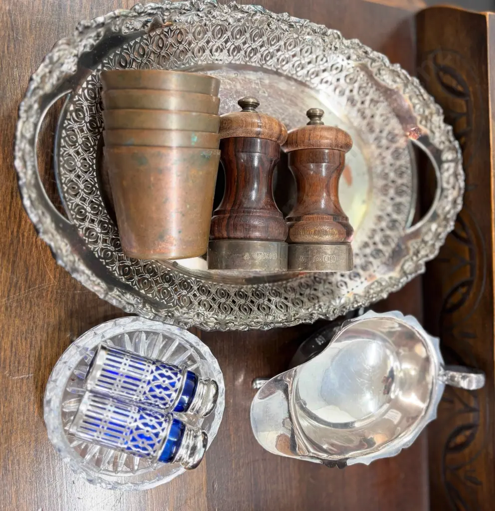 Sterling Silver Mounted Pepper & Salt, Copper & Tin Travelling Mugs, Silver Tray, Gravy Boat etc Image 1++