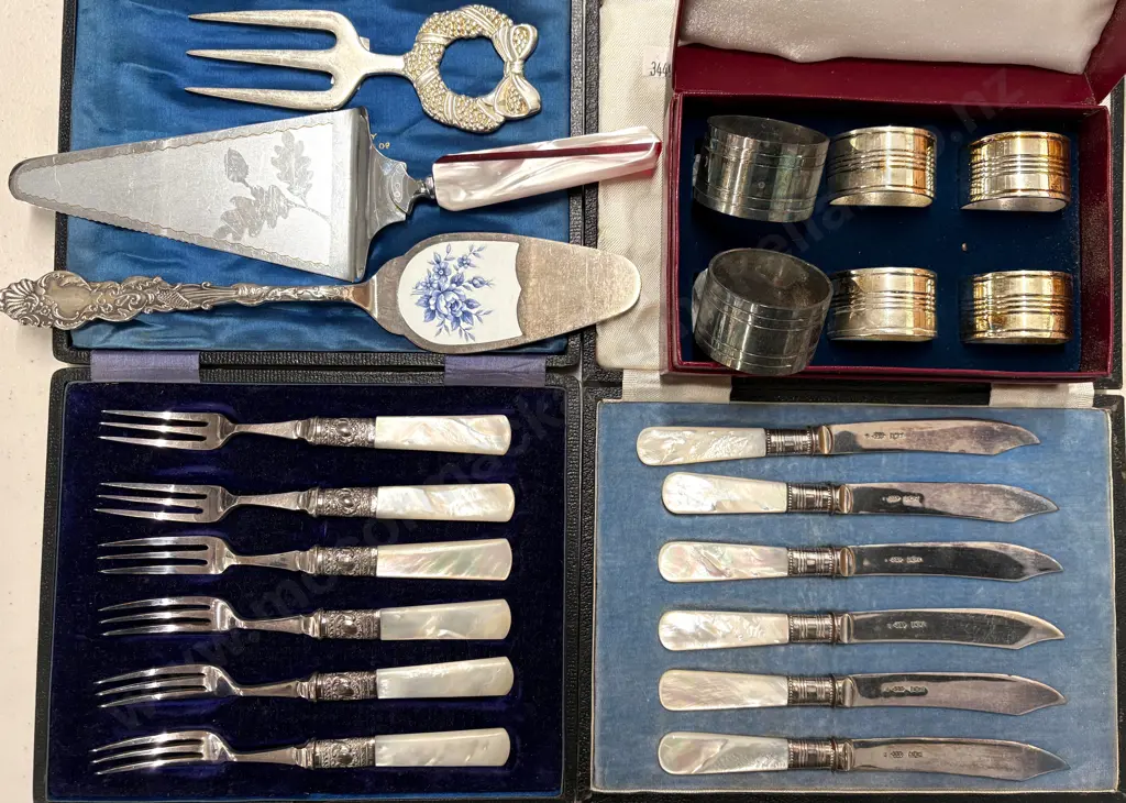 Cased MOP Handled Cheese Knives, Fruit Forks and Napkin Rings Image 1++