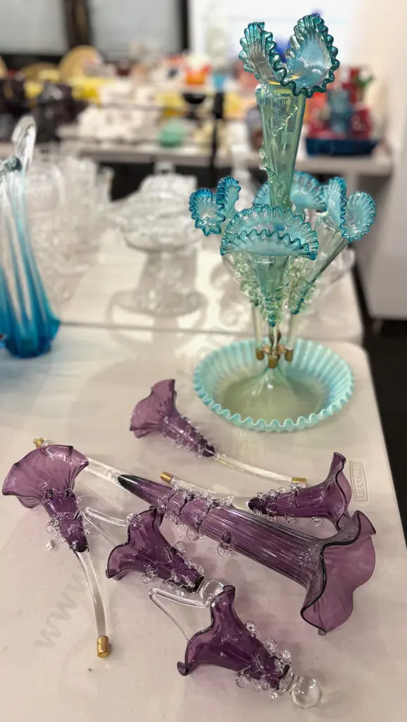 Victorian Turquoise Glass Epergne and Purple Glass Epergne Fittings Image 1++