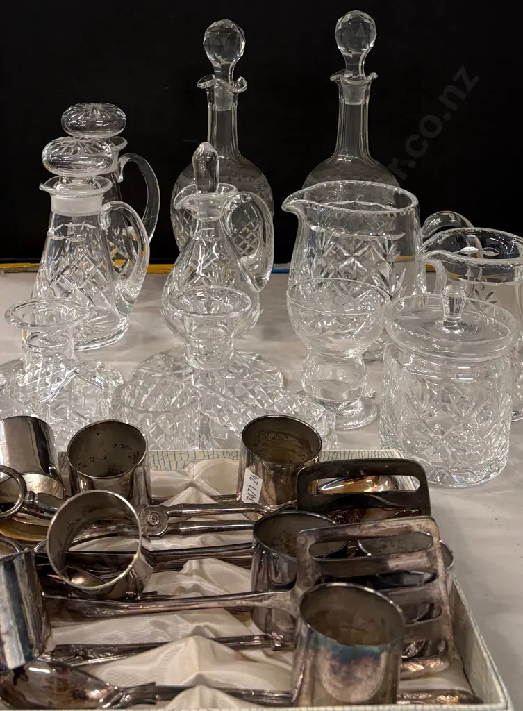 Assorted Cut Crystal - Five  Oil Bottles with Stoppers H5-23cm, Jugs (2) & Jam Jar, Candlesticks, Vase & Image 1++