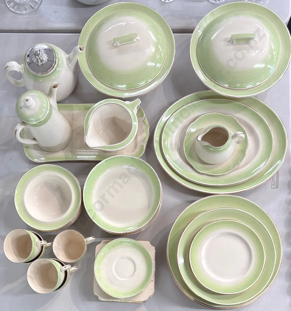 Royal Doulton Cream with Green Trim Art Deco Dinner Set, 52 pces Image 1++