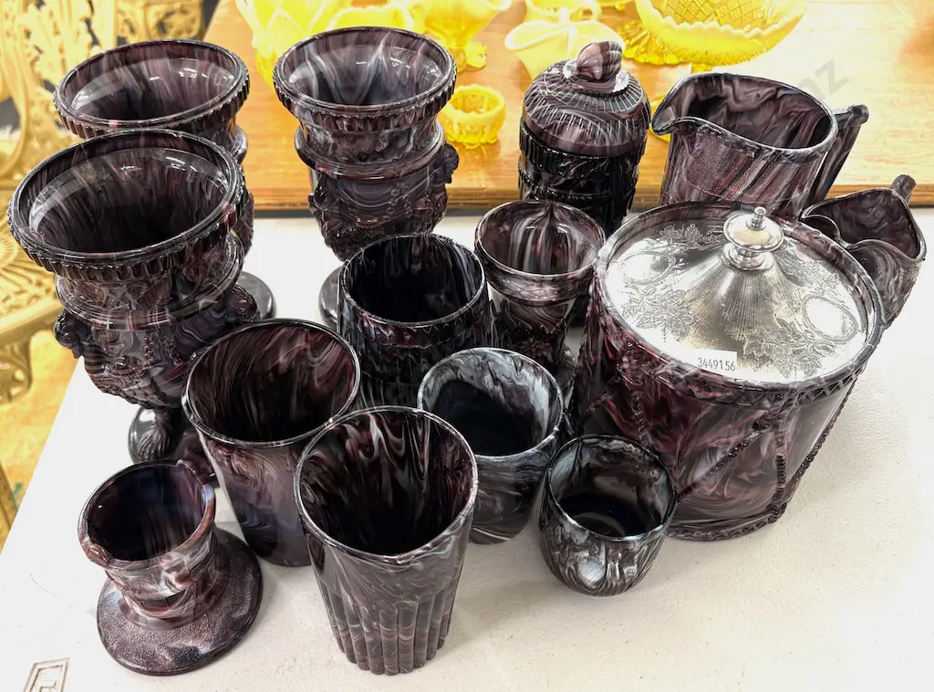 Large Quantity of Marbled Slag Glass Vases, Biscuit Barrel, Beakers, Jugs etc Image 1++