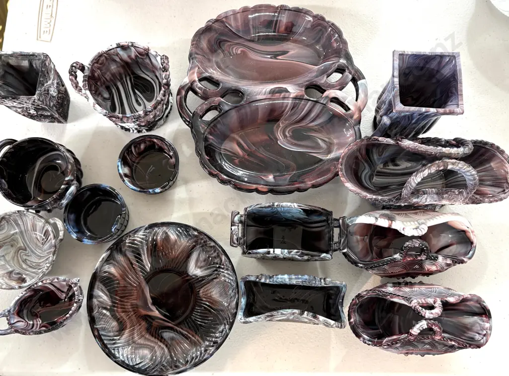 Large Quantity of Marbled Slag Glass Dishes, Posy Baskets etc Image 1++
