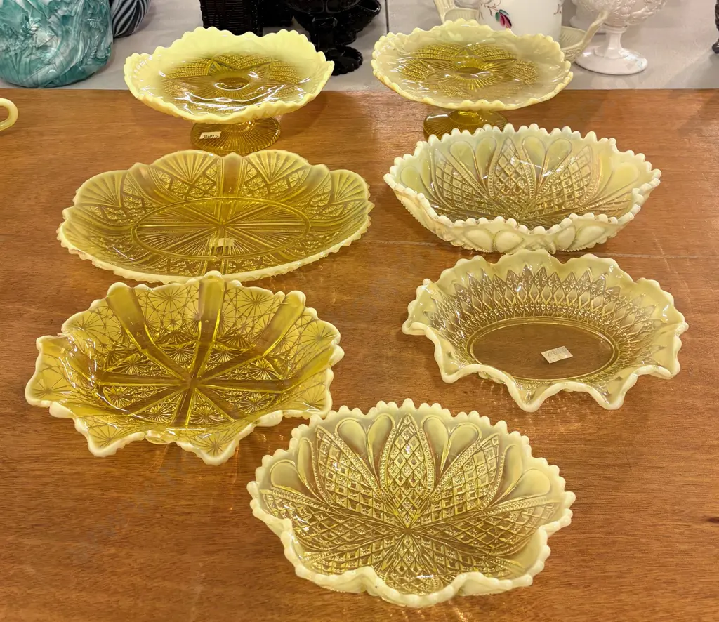 Vaseline Opalescent Glass Comports, Bowls and Dishes Image 1++