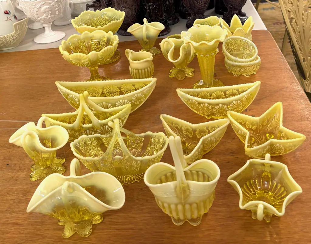 Vaseline Opalescent Glass Ornamental Vases, Dishes, Baskets Posy Vases etc Image 1++