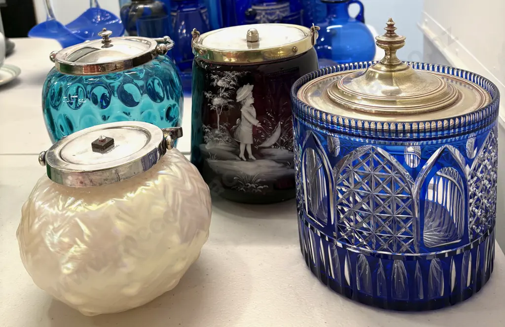 Opalescent, Mary Gregory, Bohemian and Aqua Glass Biscuit Barrels (4) Image 1++