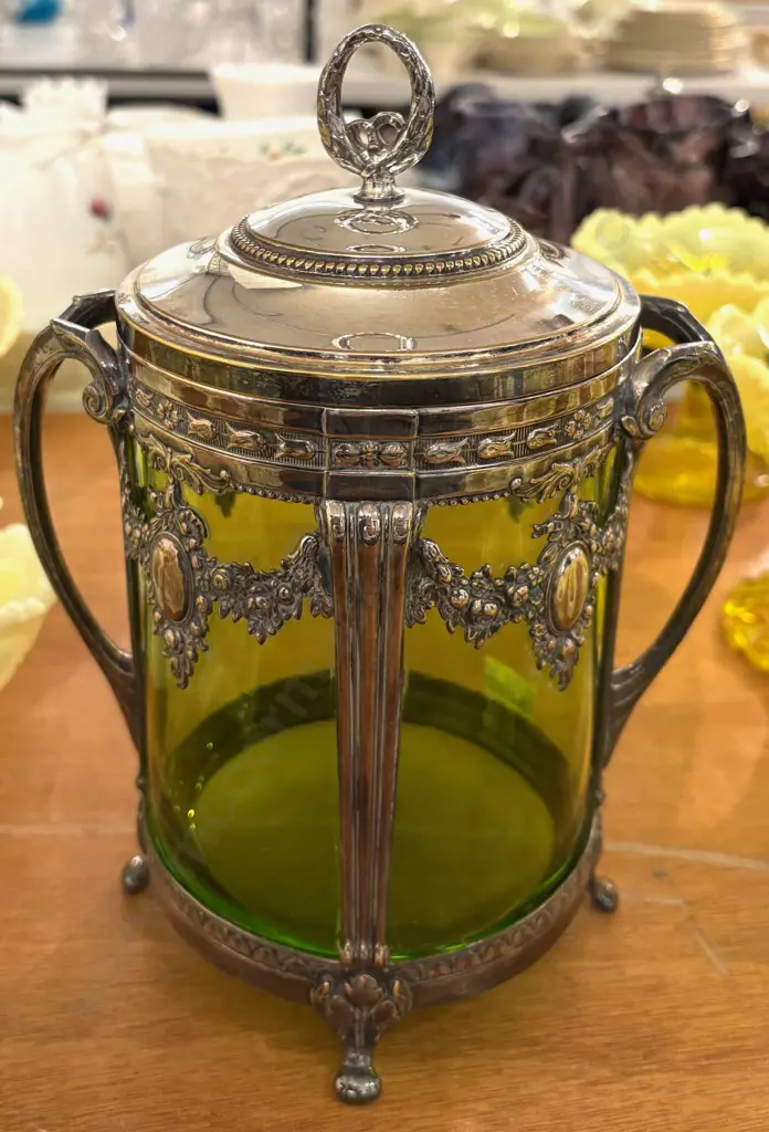 WMF Silver Art Nouveau Green Glass Biscuit Barrel Image 1++