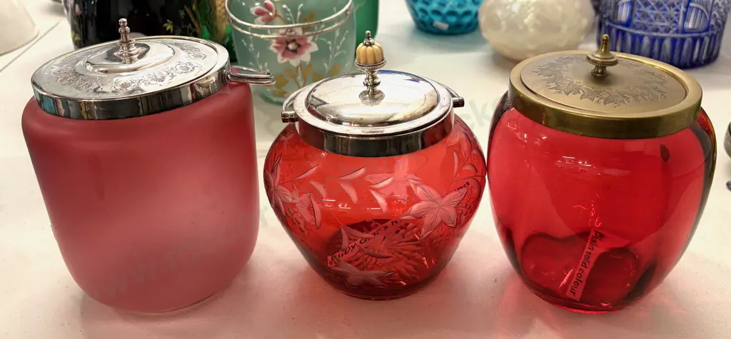 Three Ruby and Etched Glass Biscuit Barrels Image 1++