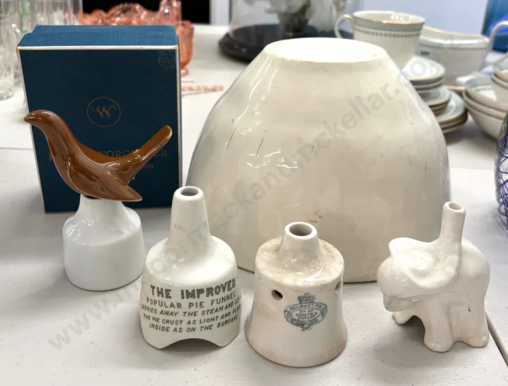 Victorian Porcelain Jelly Mold, Royal Worcester Pie Funnel, Staffordshire Pie Funnel and Two Others Image 1++