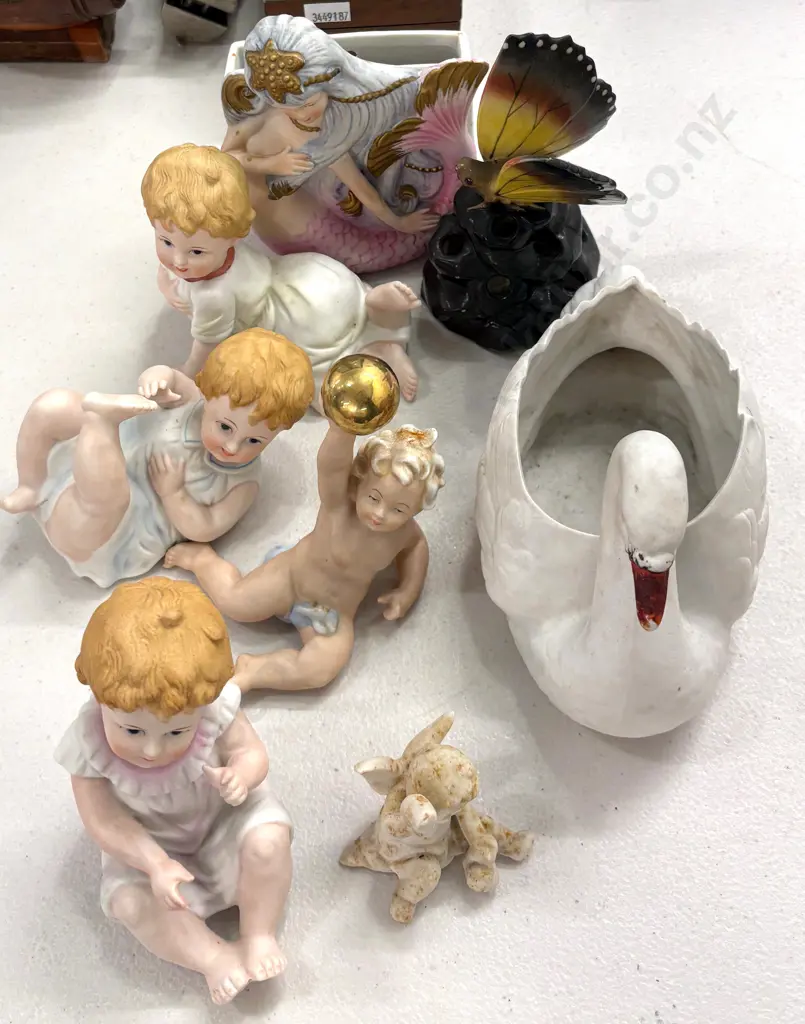 Four German Bisque Figures, Swan, Mermaid and Butterfly Vases and Cherub Image 1++
