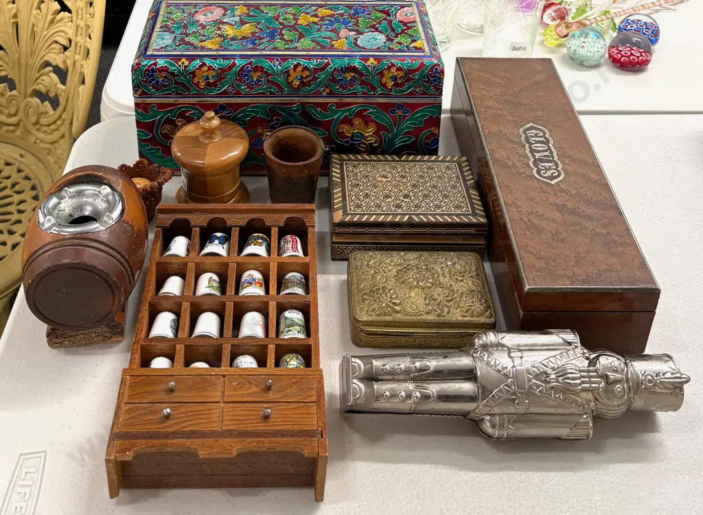 Metal Soldier Nutcracker, Walnut Gloves Box, Porcelain Thimbles, Jewellery Box, Treens etc Image 1++