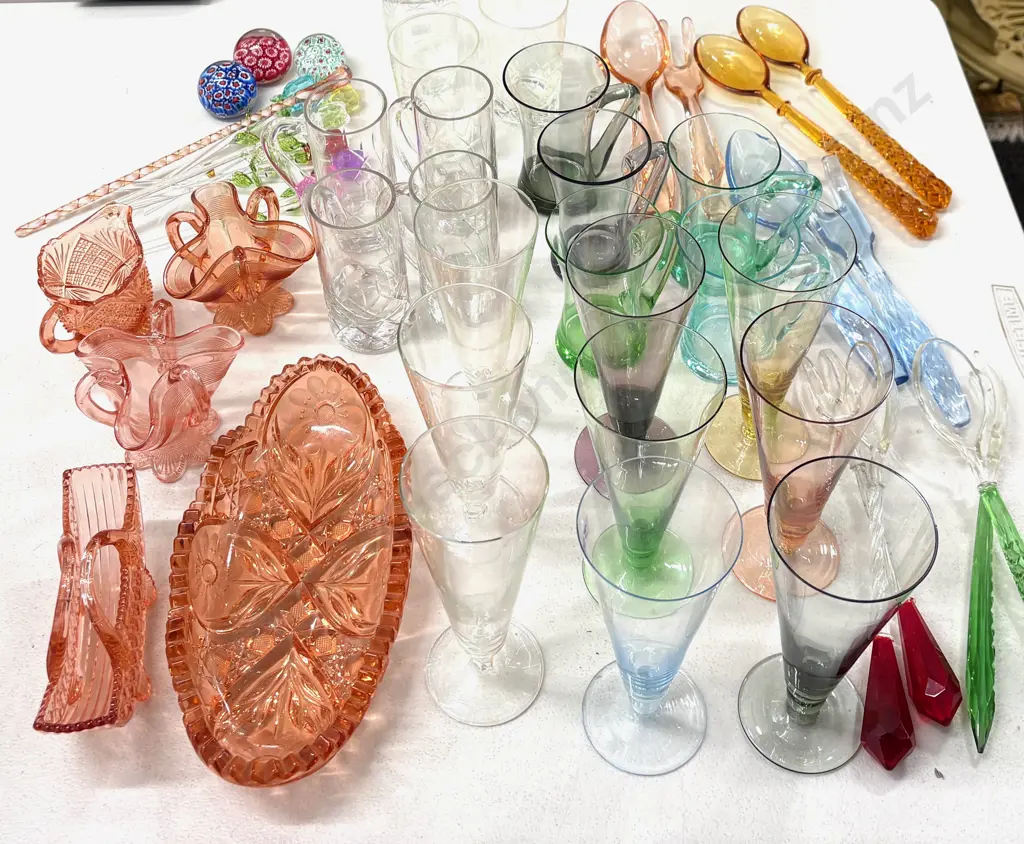 Collection of Coloured Glass, Glasses, Salad Servers, Paper Weights, Swizzle Sticks, etc Image 1++