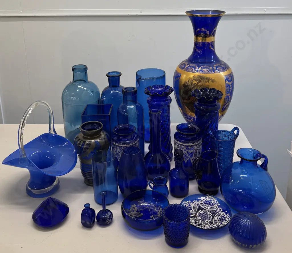 Large Collection of Blue Glass Vases, Dishes, Bottles etc Image 1++