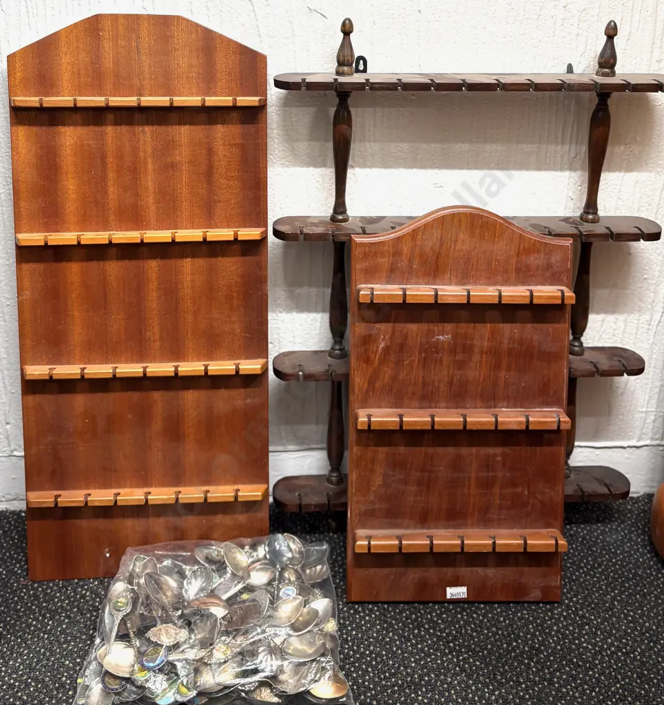 Large Quantity of Souvenir Spoons on Wooden Racks Image 1++