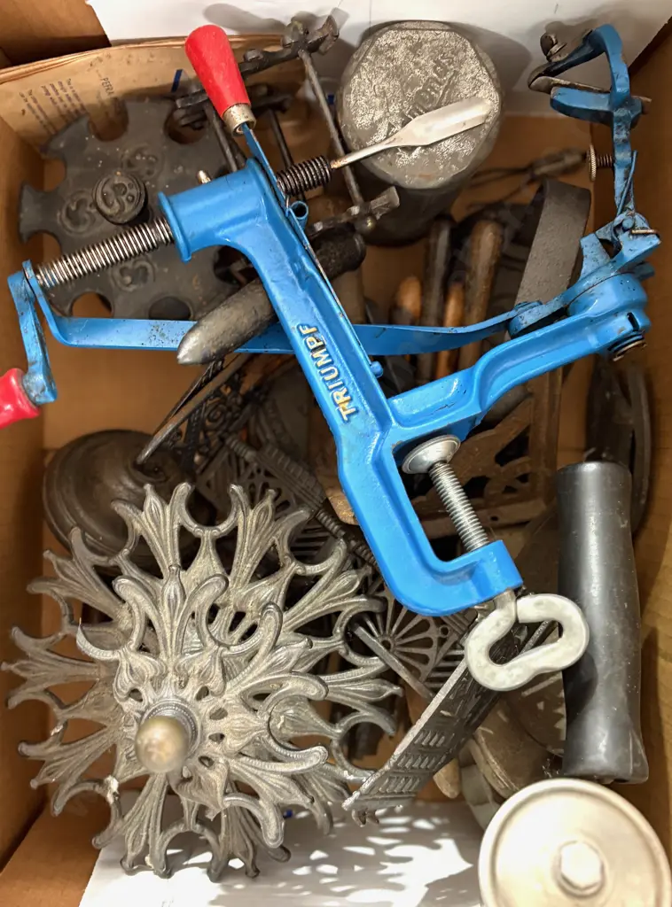 Collection of Sad Irons, Triumf Peach Peeler, Old Horseshoes, Metal Brackets, etc Image 1++