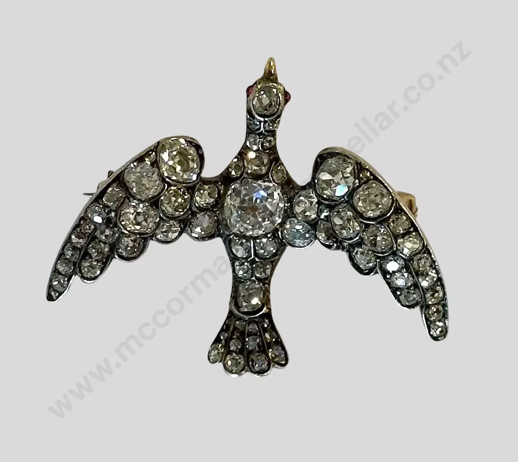 14ct Yellow Gold and Silver Diamond Dove Style Brooch, centre diamond 1.18ct, Valuation $12,850.00 Image 1++